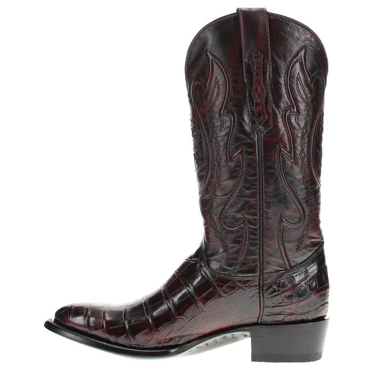 Mens Black Cherry American Alligator Belly Round Toe Western Boot That Looks Similar to Caiman Crocodile