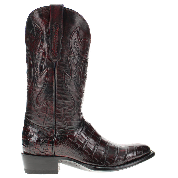 Mens Black Cherry American Alligator Belly Round Toe Western Boot That Looks Similar to Caiman Crocodile