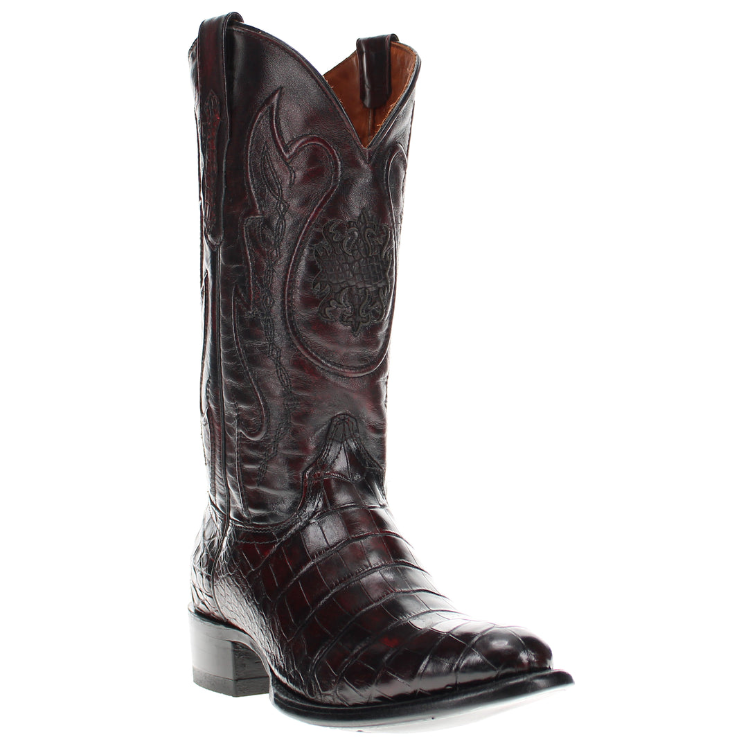 Mens Black Cherry American Alligator Belly Round Toe Western Boot That Looks Similar to Caiman Crocodile