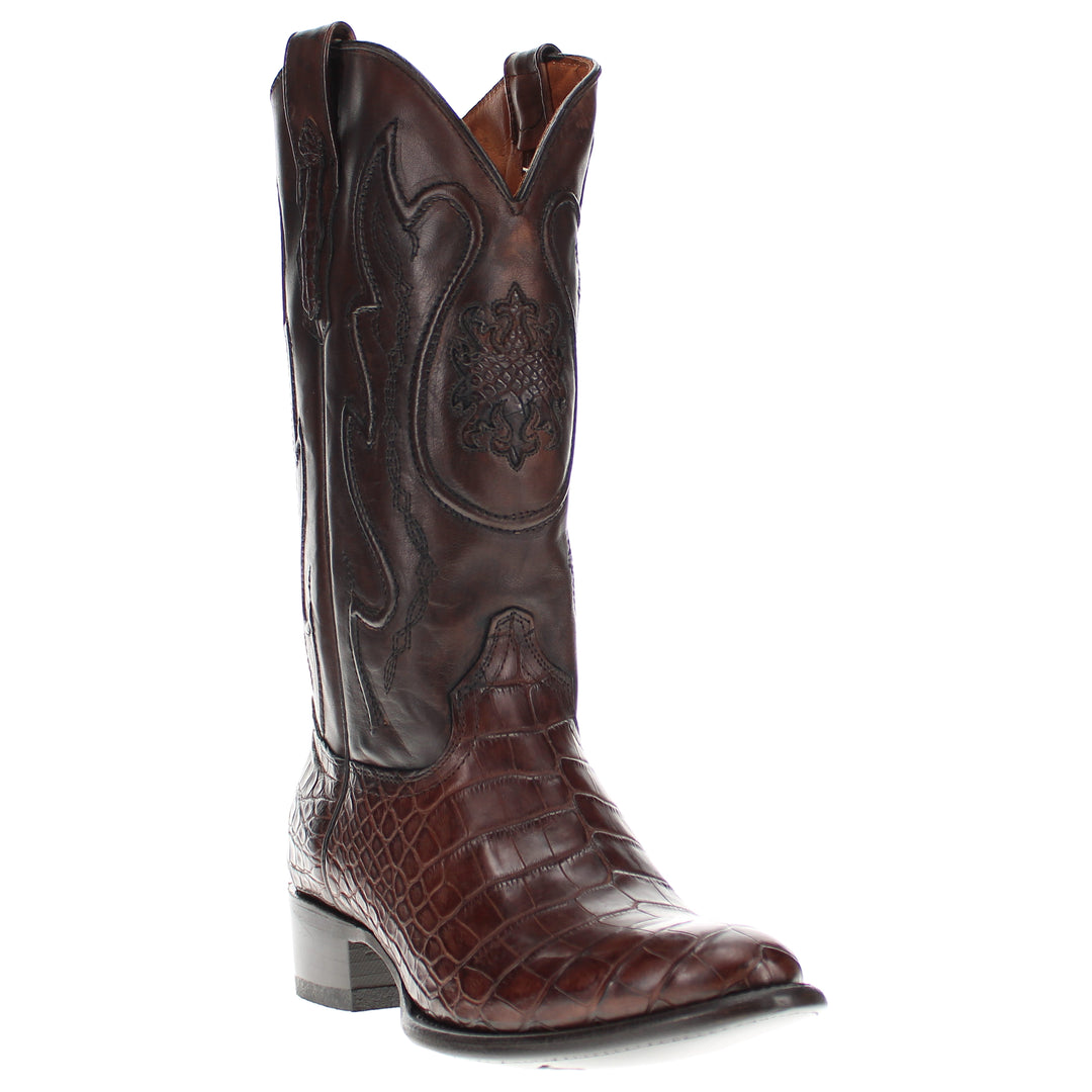 Mens Brown American Alligator Belly Round Toe Cowboy Boots That Look Similar to Caiman Crocodile Leather