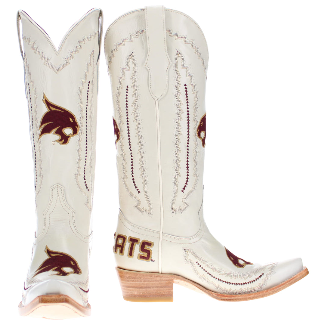 Women's Texas State University Bobcats Bone Leather Snip Toe Cowgirl Boots by Vaccari