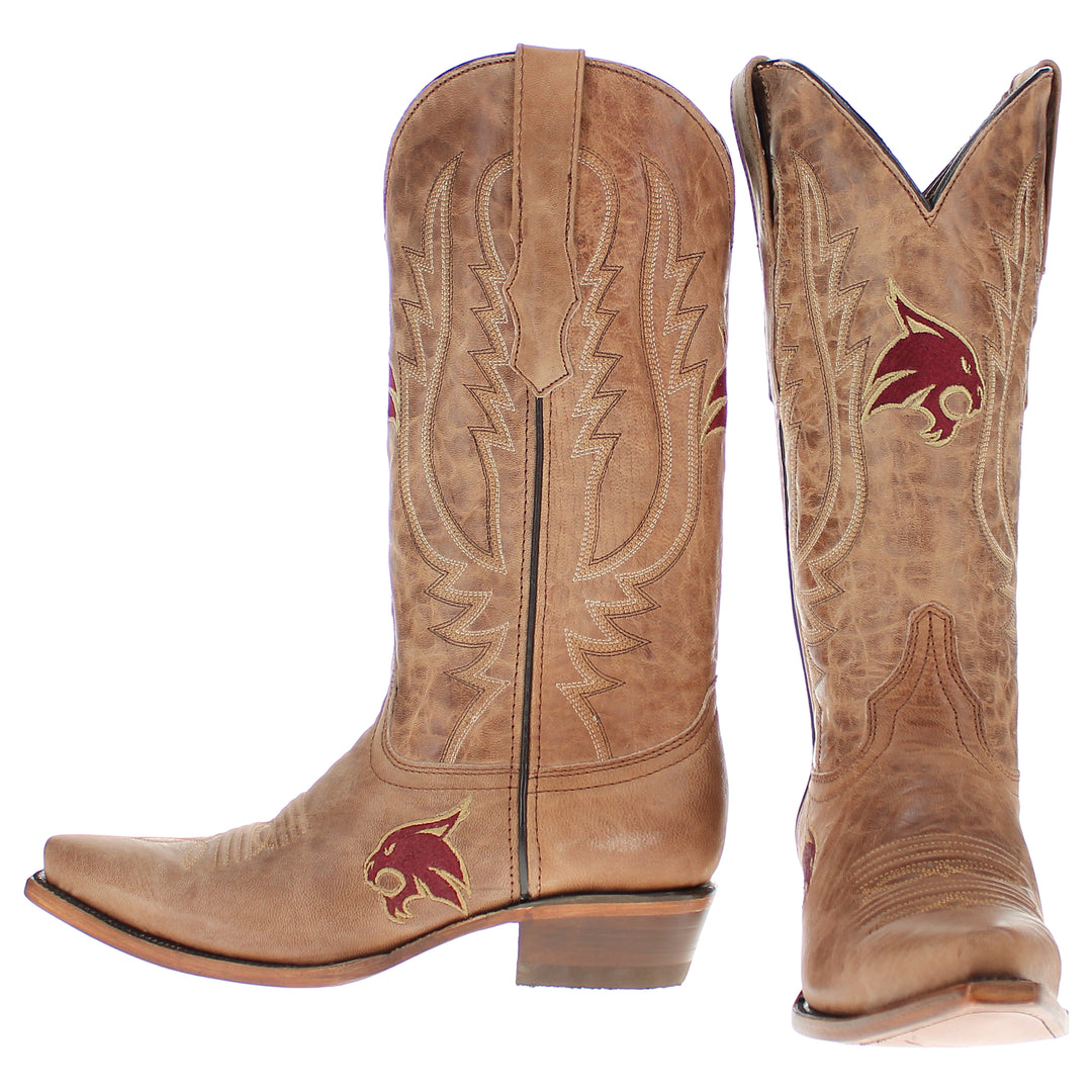 Women's Texas State Bobcats Tan Leather Snip Toe Cowgirl Boots by Vaccari