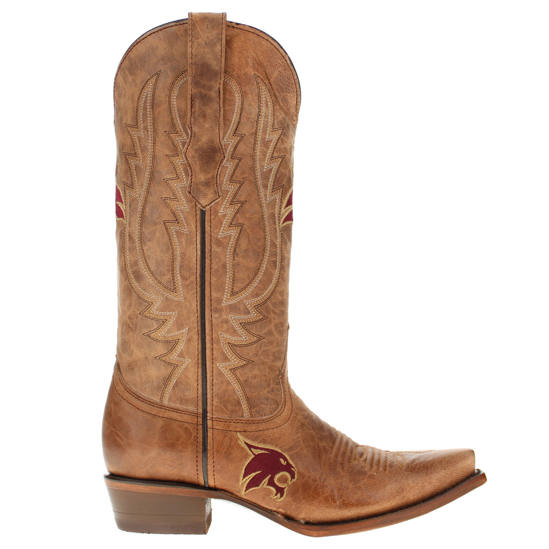 Women's Texas State Bobcats Tan Leather Snip Toe Cowgirl Boots by Vaccari