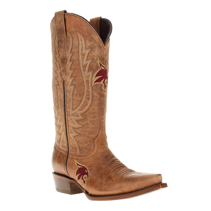 Women's Texas State Bobcats Tan Leather Snip Toe Cowgirl Boots by Vaccari