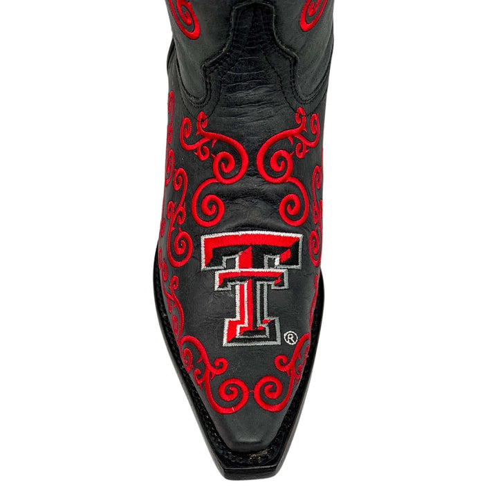 Women's Texas Tech University Red Raiders Cowgirl Boots | Red Scroll Embroidery Black Snip Toe Boots | Officially Licensed | Claire