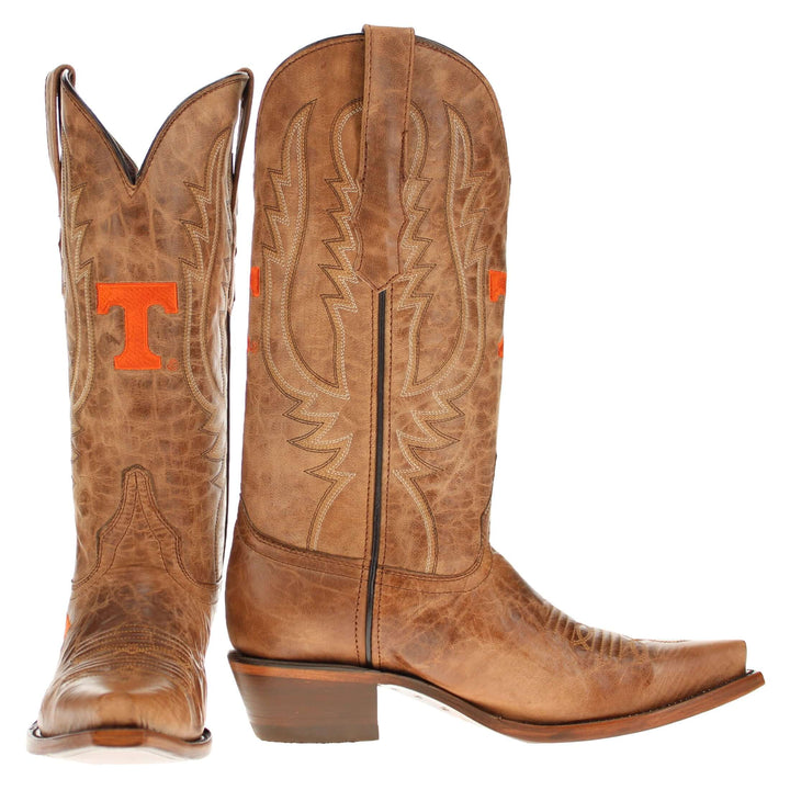 Women's University of Tennessee Vols Tan Leather Snip Toe Cowgirl Boots by Vaccari