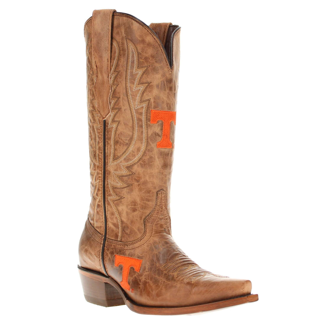 Women's University of Tennessee Vols Tan Leather Snip Toe Cowgirl Boots by Vaccari