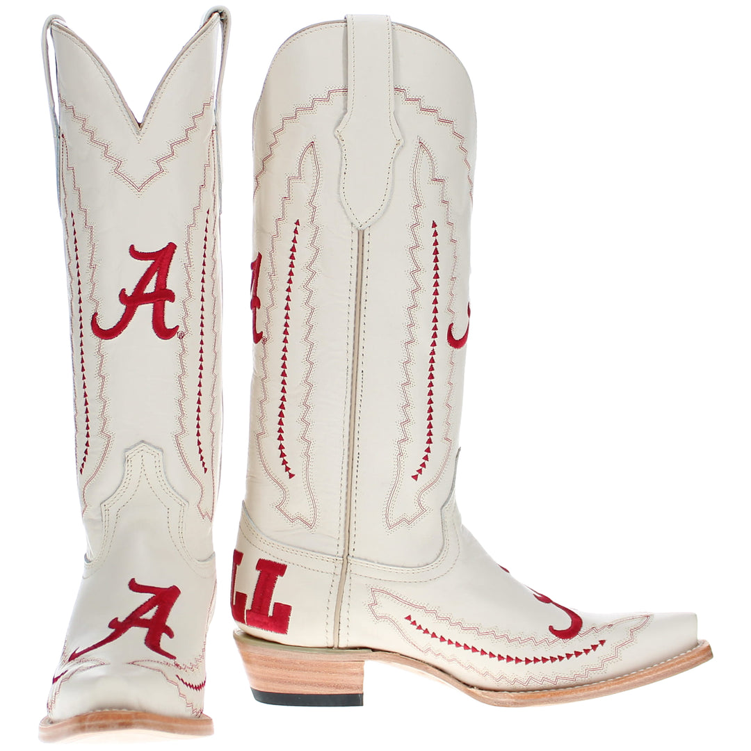 Women's University of Alabama Crimson Tide Bone Leather Snip Toe Cowgirl Boots by Vaccari