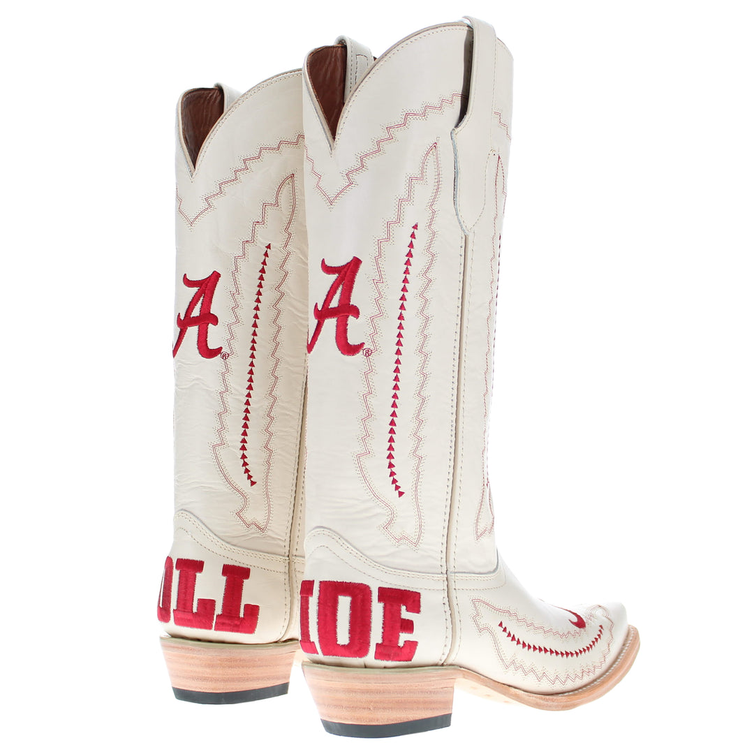 Women's University of Alabama Crimson Tide Bone Leather Snip Toe Cowgirl Boots by Vaccari