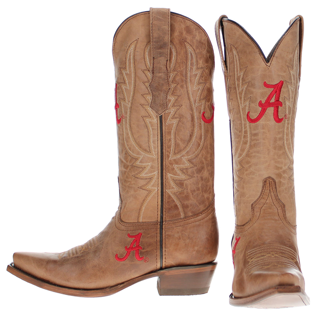 Women's University of Alabama Crimson Tide Tan Leather Snip Toe Cowgirl Boots by Vaccari