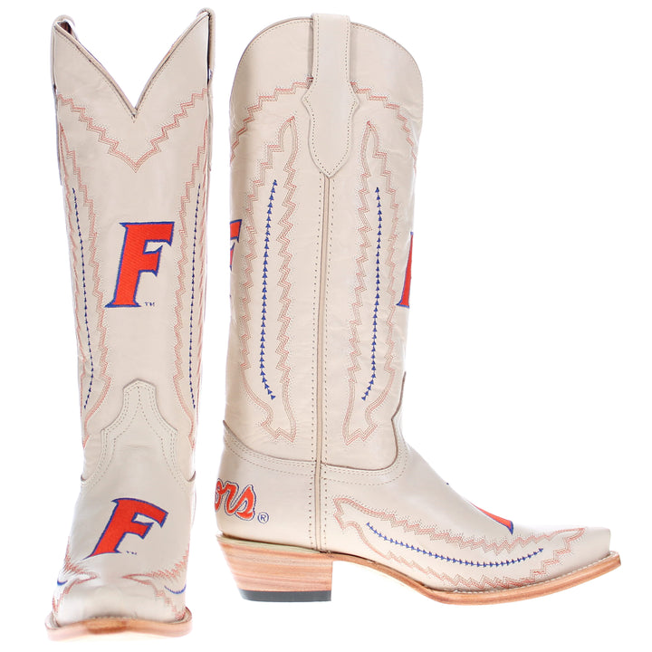 Women's University of Florida Gators Bone Leather Cowgirl Snip Toe Boots by Vaccari