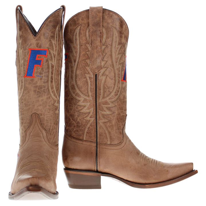 Women's University of Florida Gators Tan Leather Snip Toe Cowgirl Boots by Vaccari