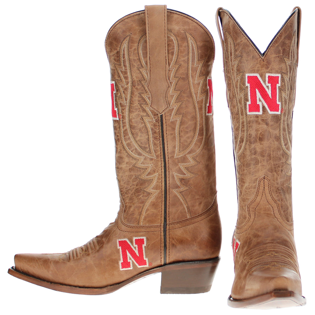 Women's University of Nebraska Cornhuskers Tan Leather Snip Toe Cowgirl Boots by Vaccari