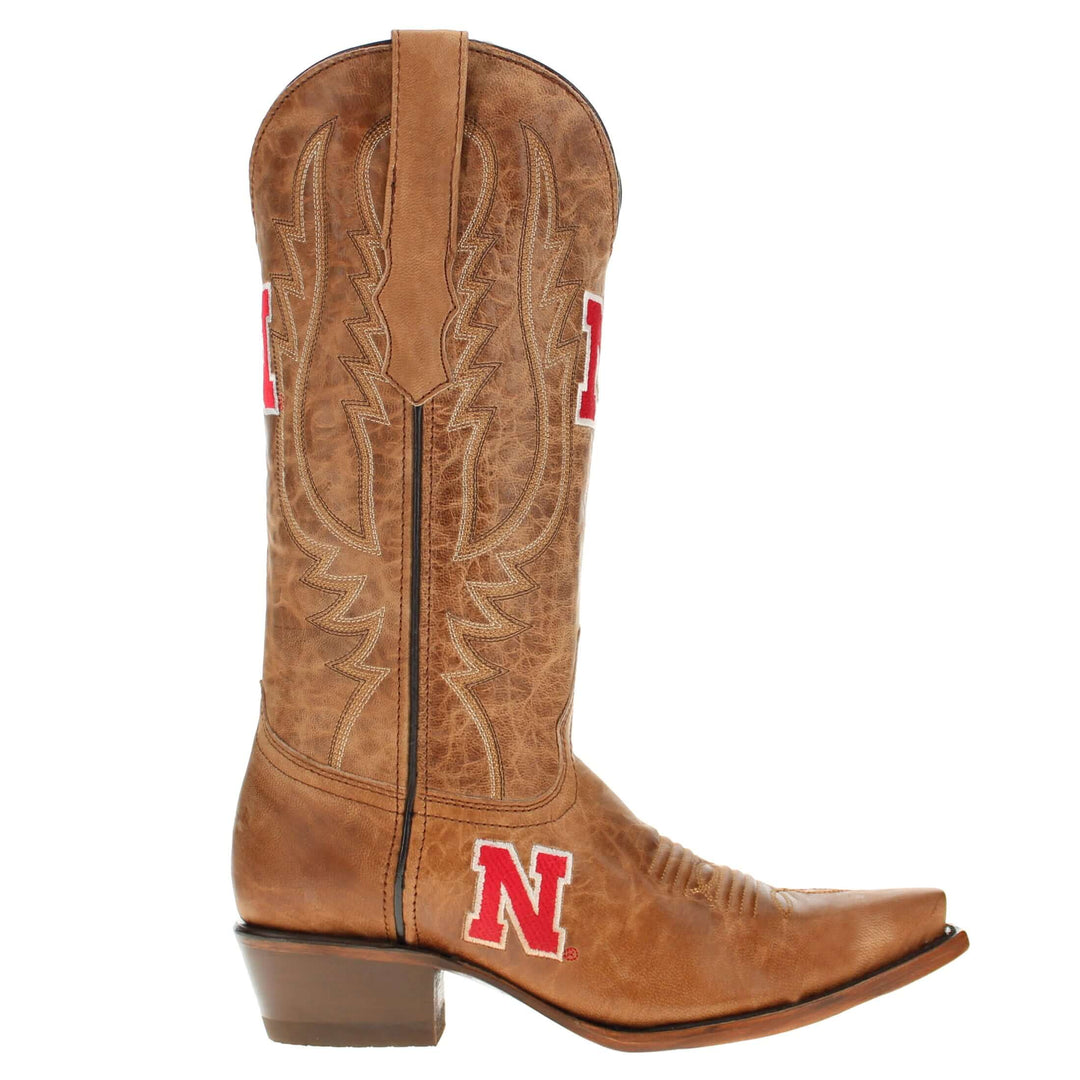 Women's University of Nebraska Cornhuskers Tan Leather Snip Toe Cowgirl Boots by Vaccari