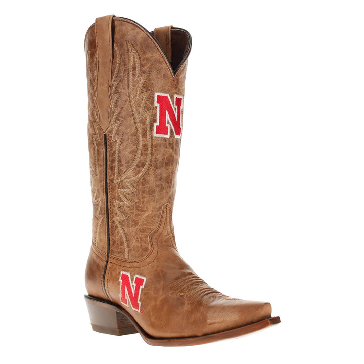 Women's University of Nebraska Cornhuskers Tan Leather Snip Toe Cowgirl Boots by Vaccari