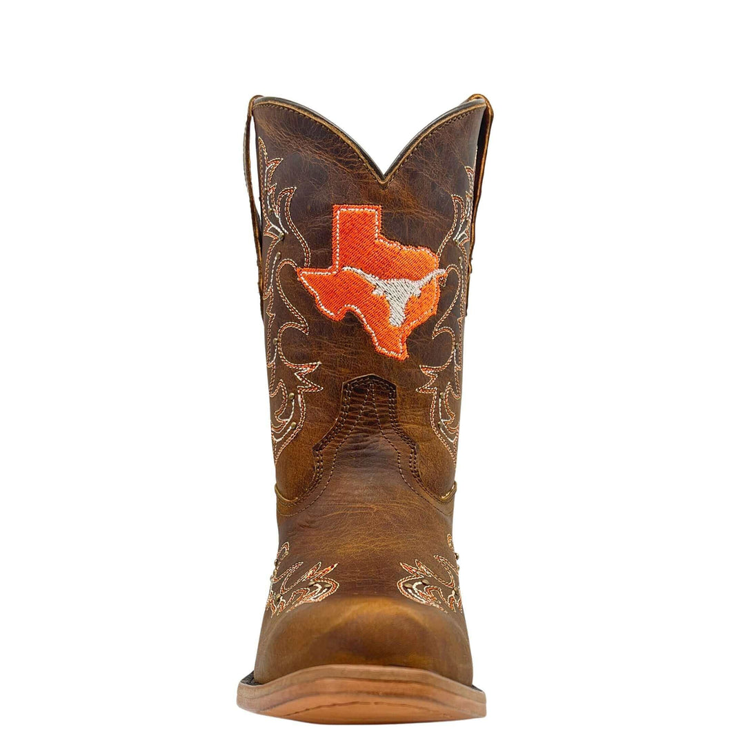 Kids University of Texas Longhorns Cowgirl Boots | Gold studs Tan Snip Toe Boots | Officially Licensed | Amelia