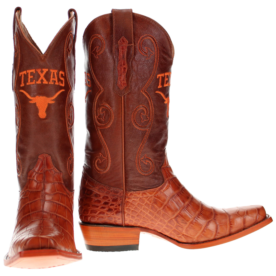 Men's University of Texas Longhorns Cognac JW Toe American Alligator Belly Cowboy Boots James by Vaccari