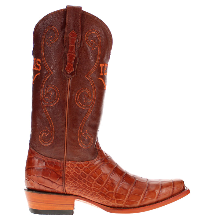 Men's University of Texas Longhorns Cognac JW Toe American Alligator Belly Cowboy Boots James by Vaccari