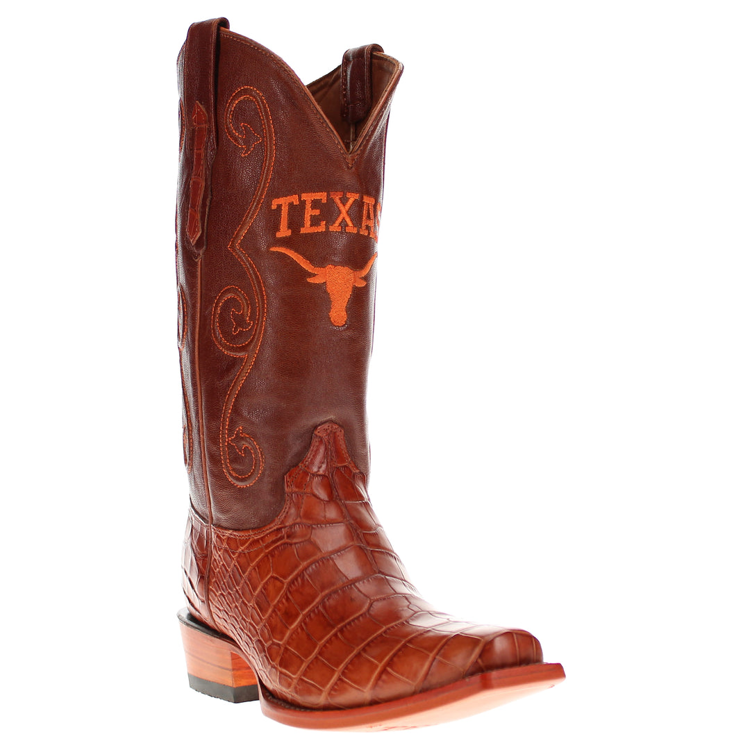 Men's University of Texas Longhorns Cognac JW Toe American Alligator Belly Cowboy Boots James by Vaccari