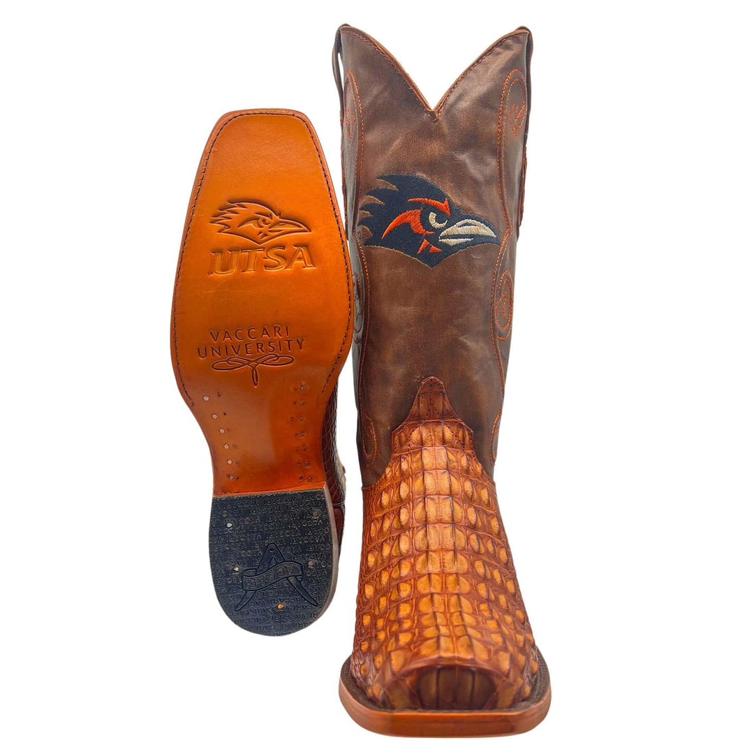 Men's University of Texas at San Antonio Road Runners Cowboy Boots | Cognac JW Toe Hornback American Alligator Boots | Officially Licensed | David