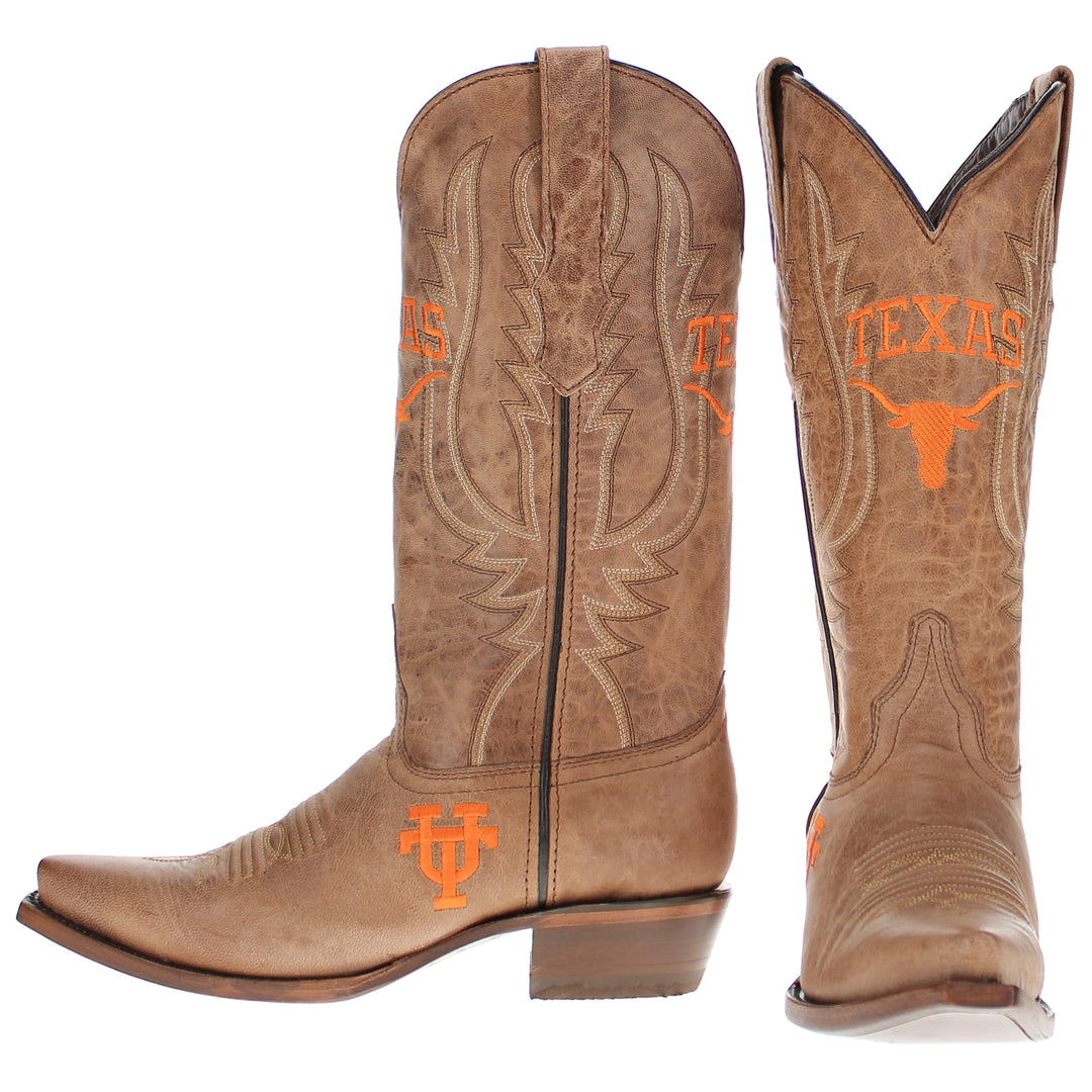 Women's University of Texas Longhorns Tan Leather Snip Toe Cowgirl Boots by Vaccari