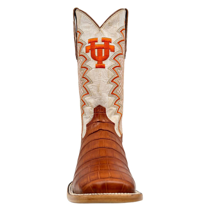 Men's University of Texas Longhorns Cowboy Boots | UT Cognac Square Toe American Alligator Boots | Officially Licensed | Parker