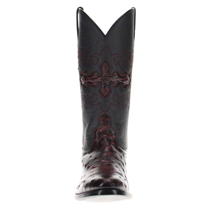 Mens black cherry leather western boots with round toe and decorative stitching, featuring full-quill ostrich leather on the foot for added texture.