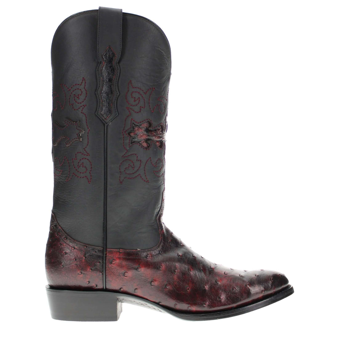 Mens black cherry leather western boots with round toe and decorative stitching, featuring full-quill ostrich leather on the foot for added texture.