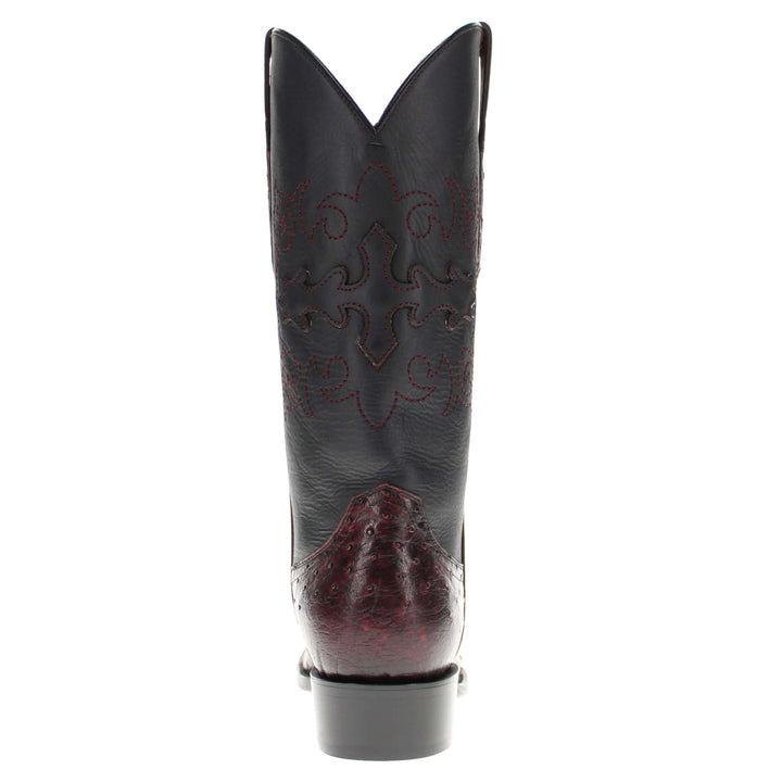 Mens black cherry leather western boots with round toe and decorative stitching, featuring full-quill ostrich leather on the foot for added texture.