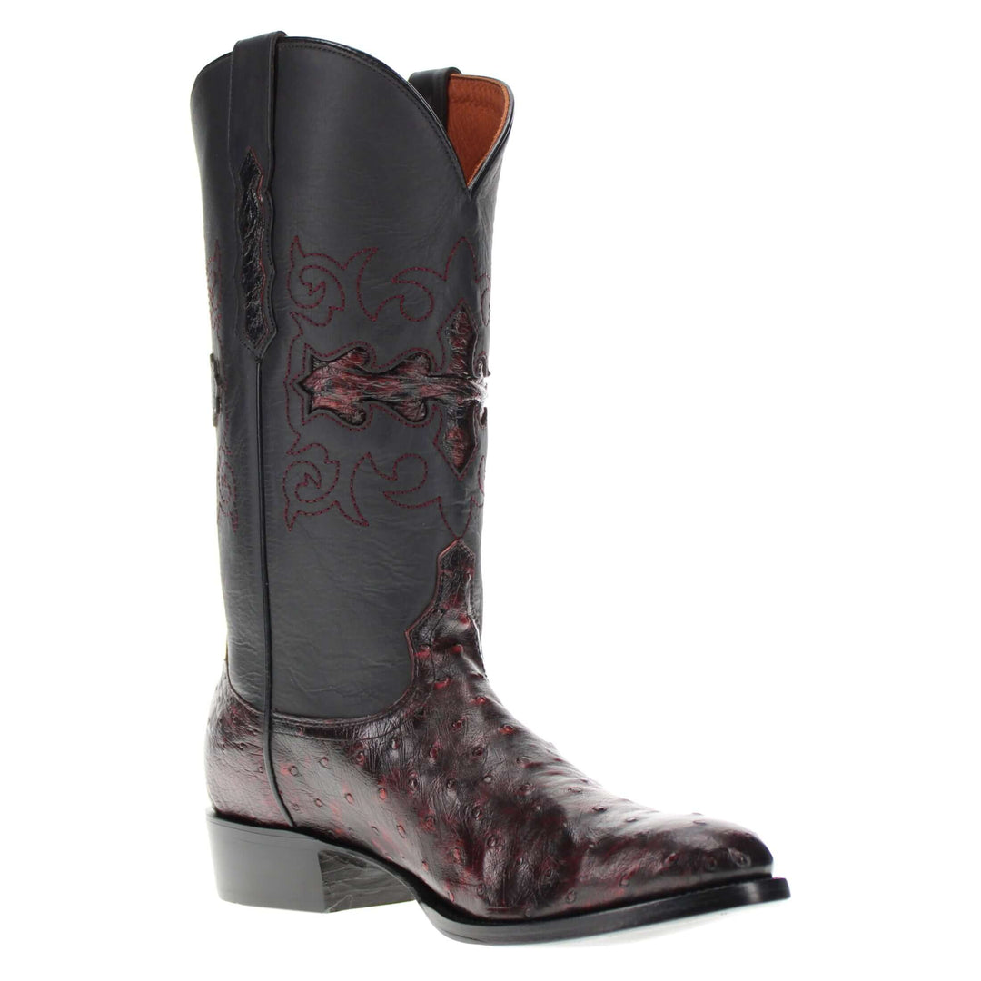 Mens black cherry leather western boots with round toe and decorative stitching, featuring full-quill ostrich leather on the foot for added texture.