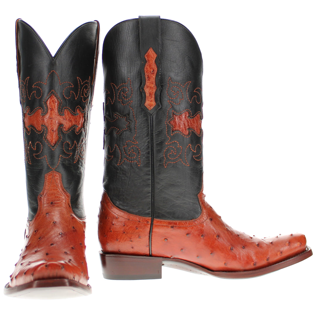 Mens congac leather western boots with narrow square toe and decorative stitching, featuring full-quill ostrich leather on the foot for added texture.