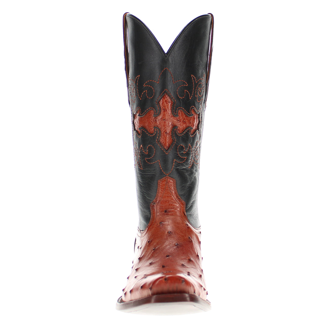 Mens congac leather western boots with narrow square toe and decorative stitching, featuring full-quill ostrich leather on the foot for added texture.