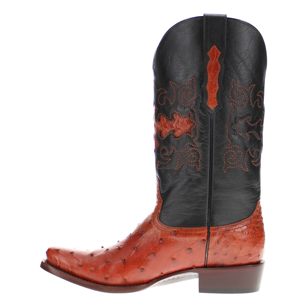 Mens congac leather western boots with narrow square toe and decorative stitching, featuring full-quill ostrich leather on the foot for added texture.