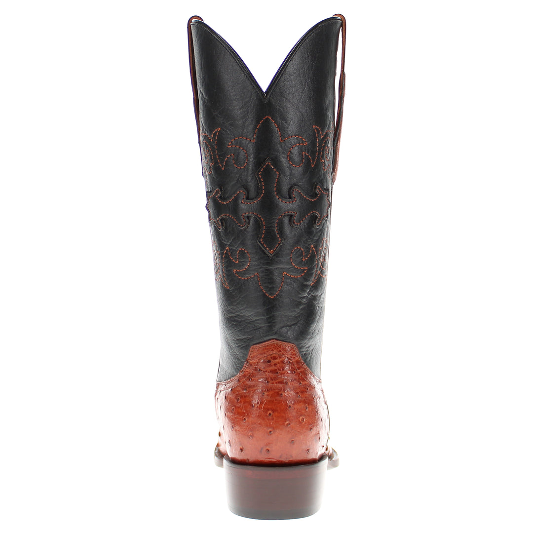 Mens congac leather western boots with narrow square toe and decorative stitching, featuring full-quill ostrich leather on the foot for added texture.