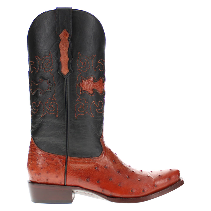 Mens congac leather western boots with narrow square toe and decorative stitching, featuring full-quill ostrich leather on the foot for added texture.