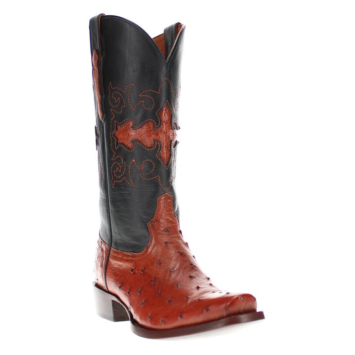 Mens congac leather western boots with narrow square toe and decorative stitching, featuring full-quill ostrich leather on the foot for added texture.