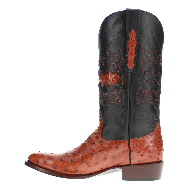 Mens congac leather western boots with round toe and decorative stitching, featuring full-quill ostrich leather on the foot for added texture.