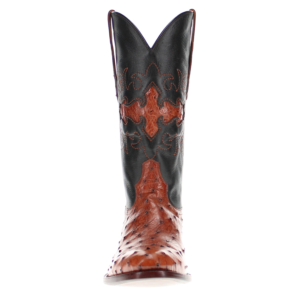 Mens congac leather western boots with round toe and decorative stitching, featuring full-quill ostrich leather on the foot for added texture.