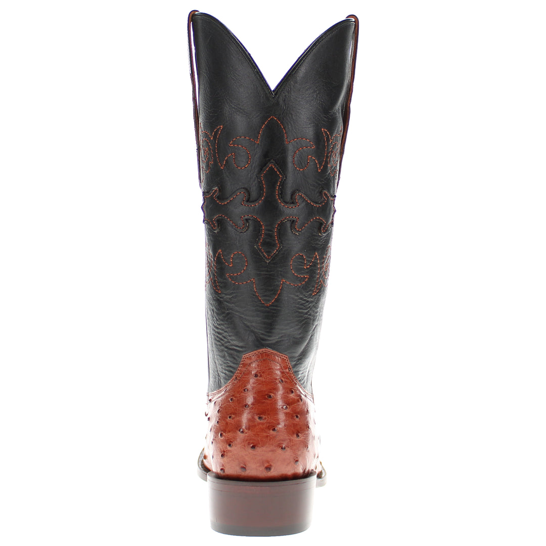 Mens congac leather western boots with round toe and decorative stitching, featuring full-quill ostrich leather on the foot for added texture.