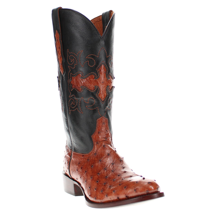 Mens congac leather western boots with round toe and decorative stitching, featuring full-quill ostrich leather on the foot for added texture.