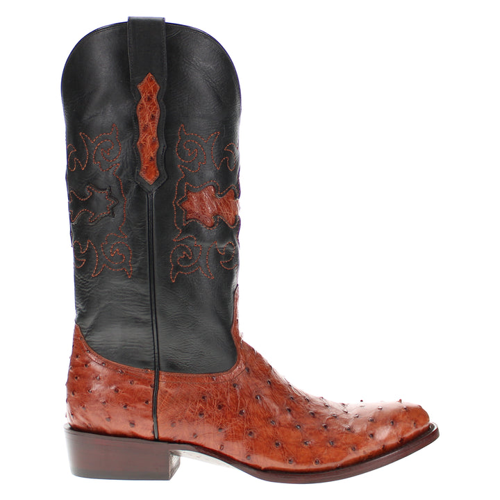 Mens congac leather western boots with round toe and decorative stitching, featuring full-quill ostrich leather on the foot for added texture.