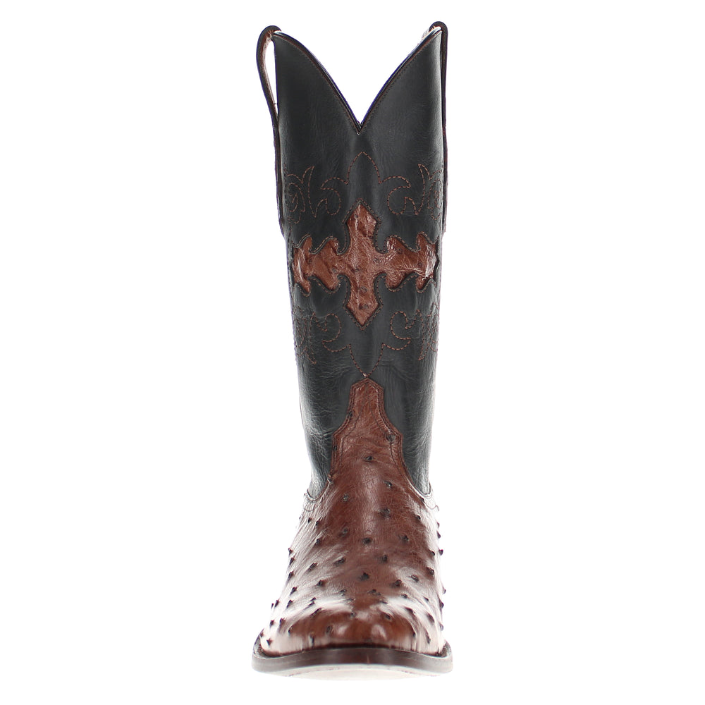 Mens mocha leather western boots with round toe and decorative stitching, featuring full-quill ostrich leather on the foot for added texture.