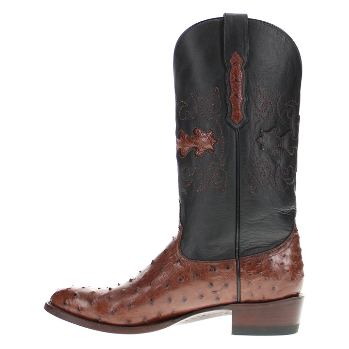 Mens mocha leather western boots with round toe and decorative stitching, featuring full-quill ostrich leather on the foot for added texture.