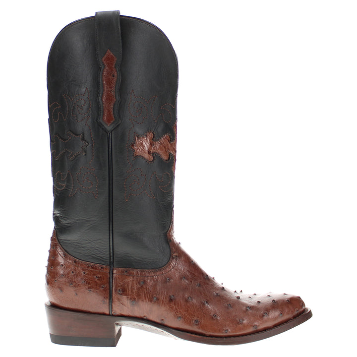 Mens mocha leather western boots with round toe and decorative stitching, featuring full-quill ostrich leather on the foot for added texture.