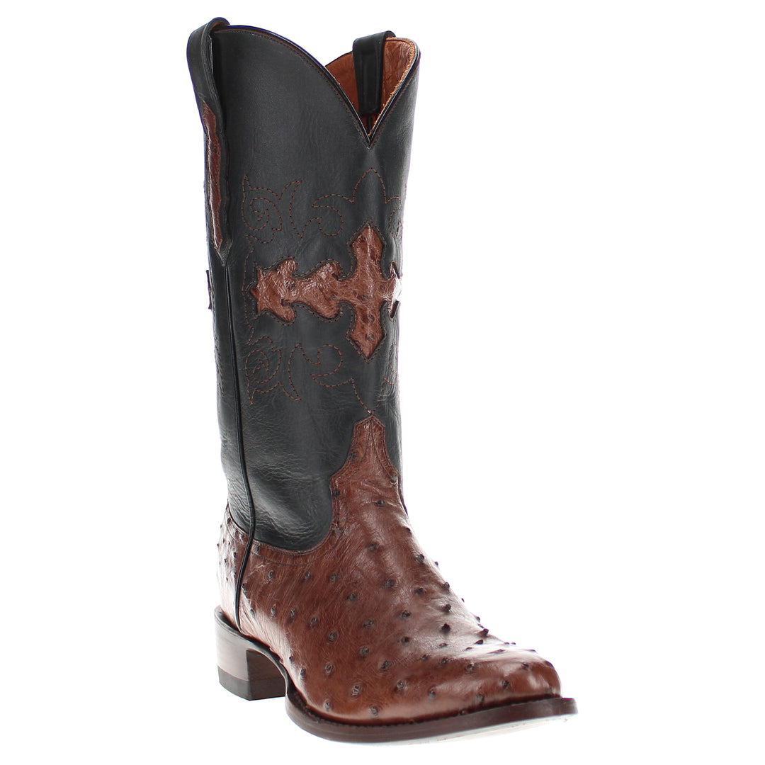 Mens mocha leather western boots with round toe and decorative stitching, featuring full-quill ostrich leather on the foot for added texture.