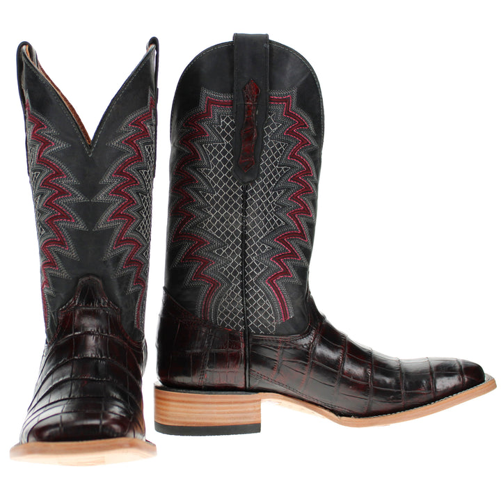 Mens Black Cherry American Alligator Belly Tail Square Toe Cowboy Boots with Similar Look to Caiman by Vaccari