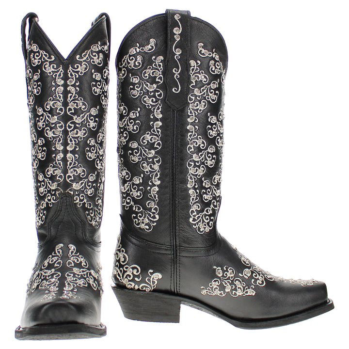 Women's Vaccari Black Snip Toe Crystal Embellished Cowgirl Boots | Brooklyn #select-a-toe_narrow-square