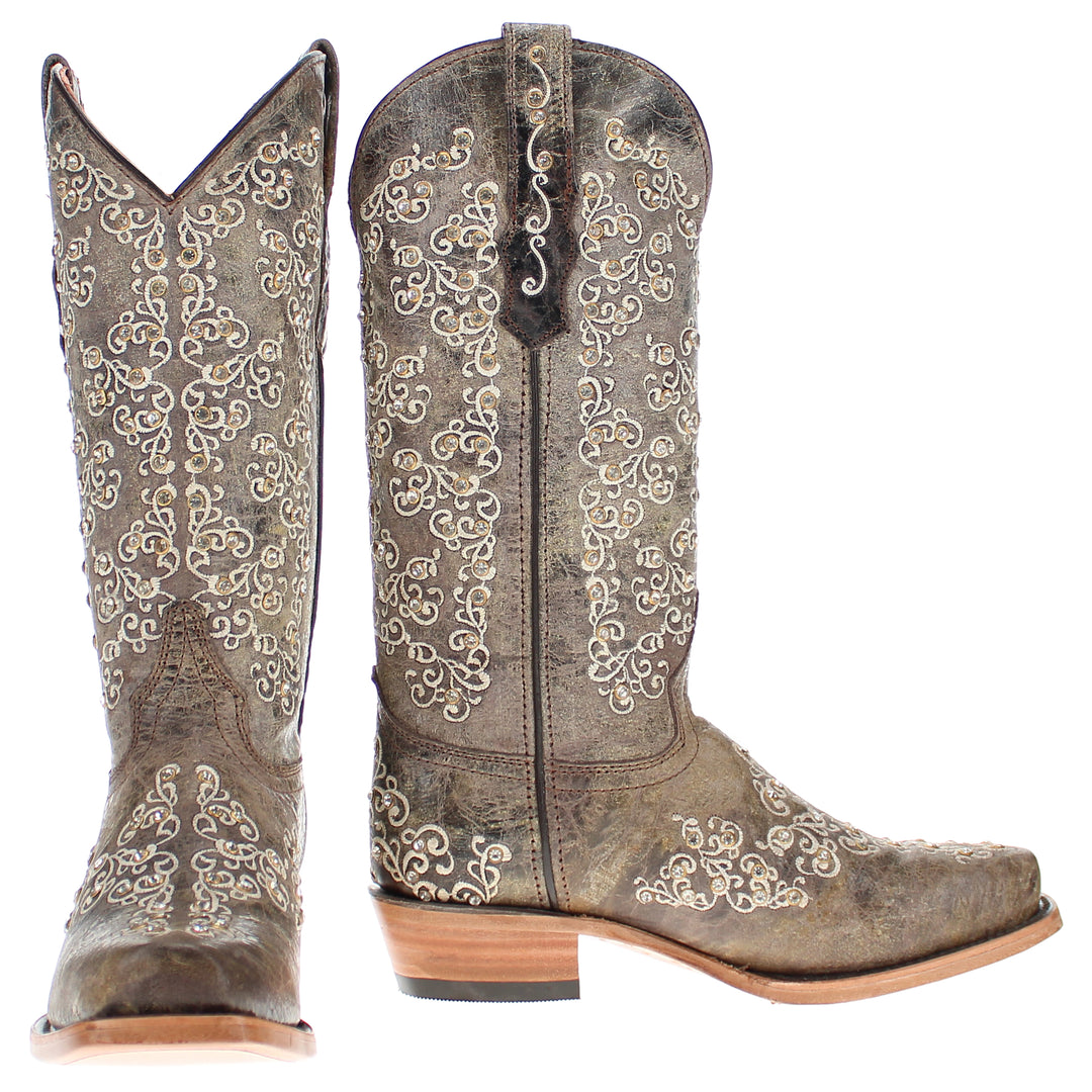 Women's Vaccari Distressed Brown Snip Toe Crystal Embellished Cowgirl Boots | Brooklyn #select-a-toe_narrow-square