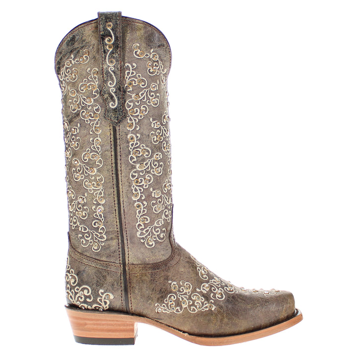 Women's Vaccari Distressed Brown Snip Toe Crystal Embellished Cowgirl Boots | Brooklyn #select-a-toe_narrow-square