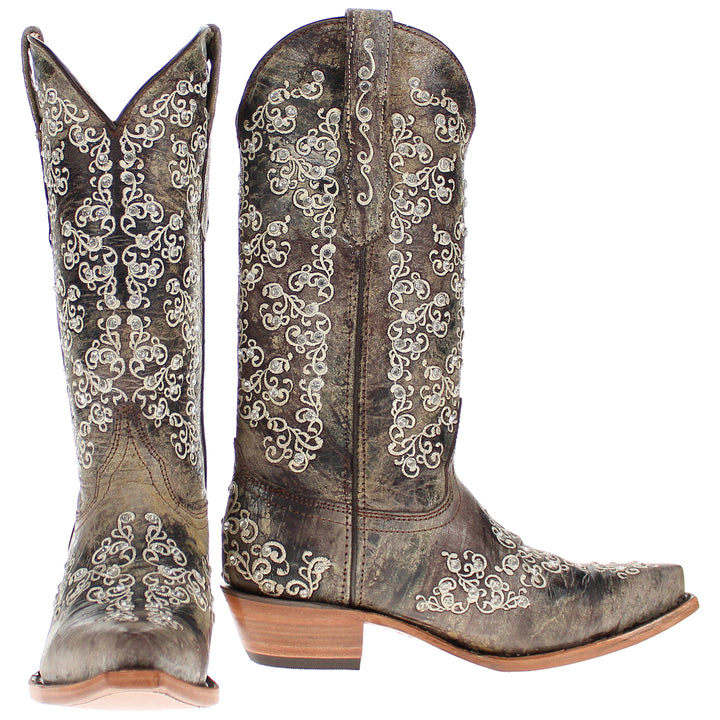 Women's Vaccari Distressed Brown Snip Toe Crystal Embellished Cowgirl Boots | Brooklyn #select-a-toe_snip